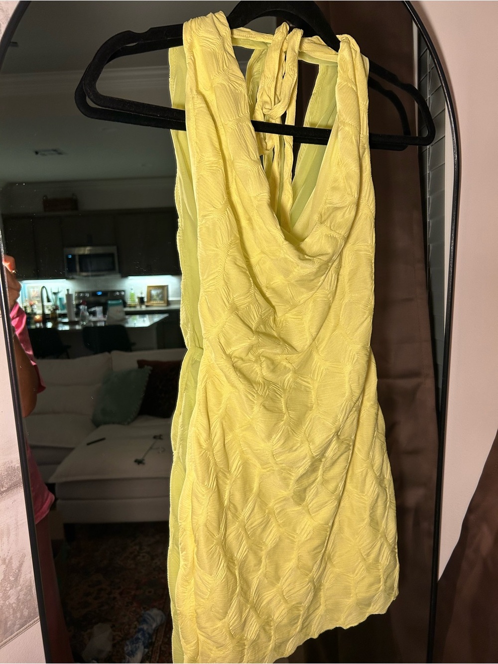 Yellow Textured Halter Dress Open Back -Women